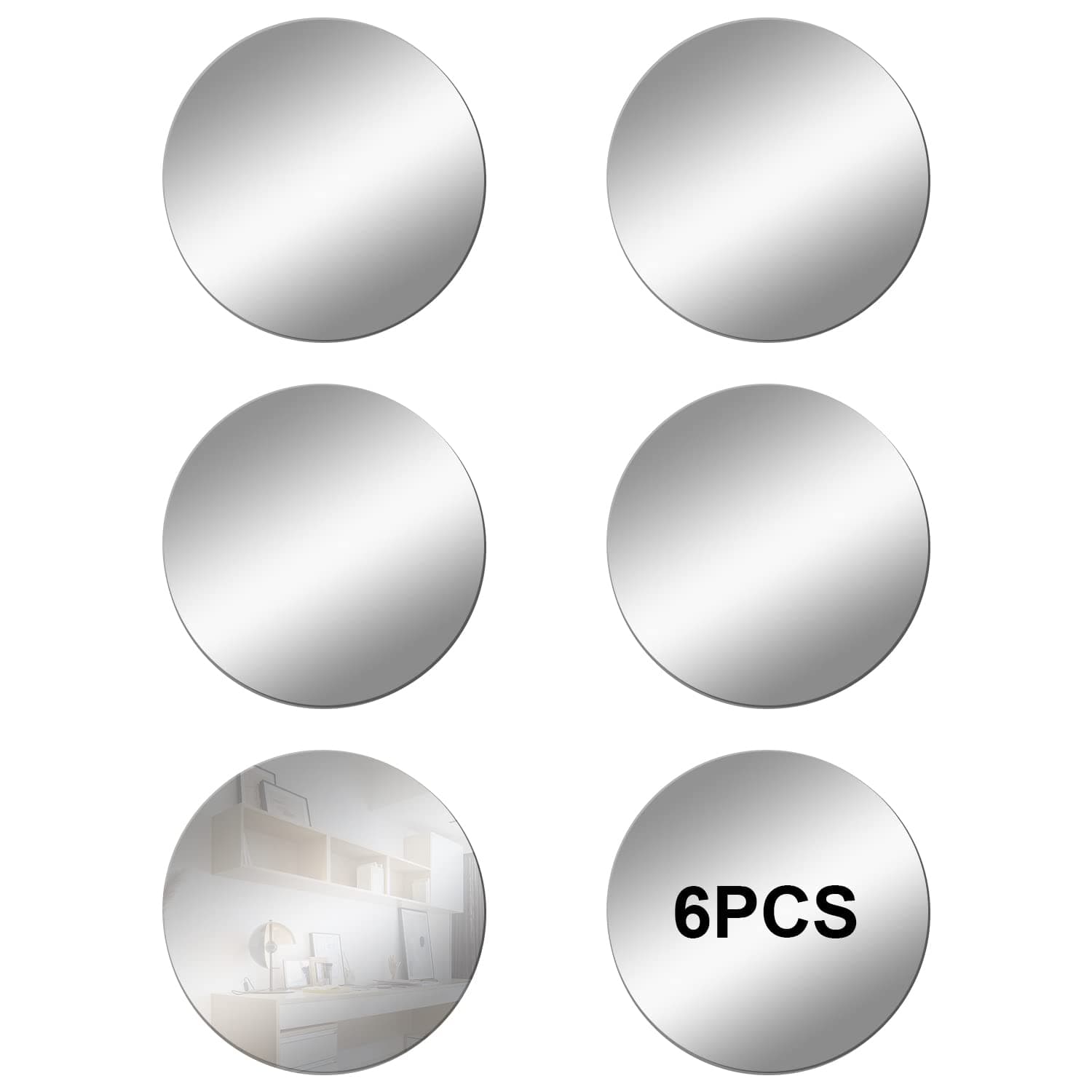 DRERIO 6Pcs Mirror Tiles Self Adhesive Acrylic Mirror HD Round Sticky Mirror Large Plastic Frameless Mirror 20 cm Acrylic Mirror Tiles Unbreakable Mirror Circle Wall Adhesive Mirror for Home,Decor