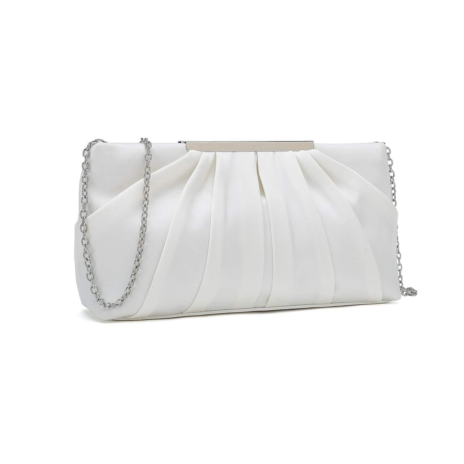 チャーミングテイラークラッチイブニングバッグ エレガントプリーツサテンフォーマルハンドバッグ シンプルクラッシーパース レディース, ホワイト, M
