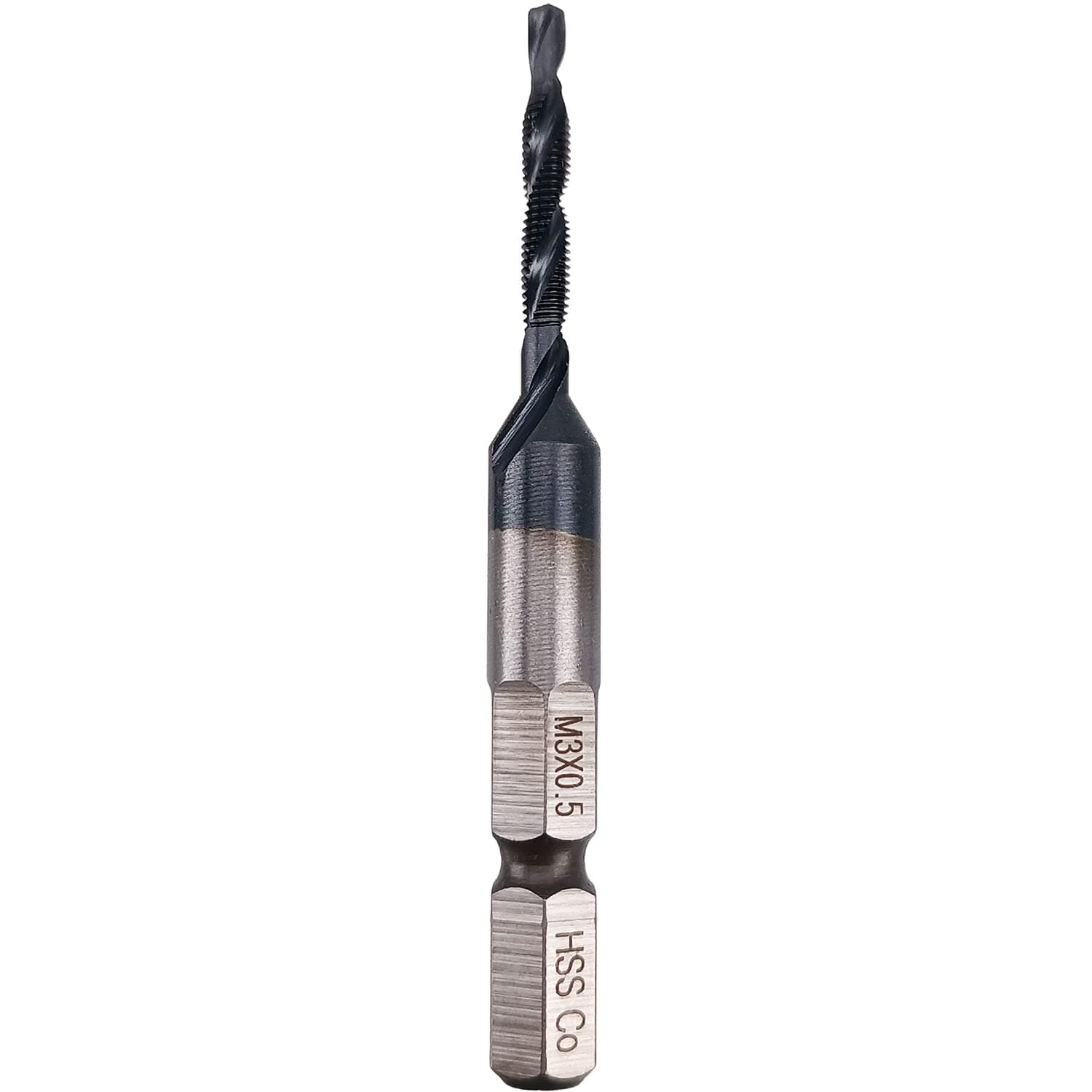 Migiwata Metric M3 x 0.5 Black TiAIN Finish HSS-Co M35 Drill and Tap Combination Bit with 1/4” Hex Shank and Self-centering Split Point for Aluminum Iron and Stainless Steel