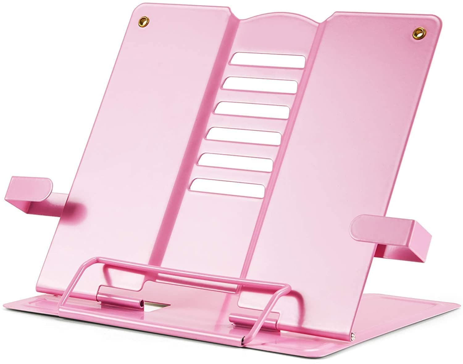 Volo Portable Metal Desktop Book Stand - Adjustable Foldable Cookbook Holder for Reading, Recipes, Textbooks, and Music (Pink)