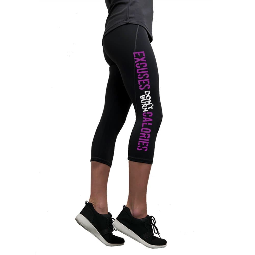 Womens Capri Gym Running Leggings Yoga Pants – Black with Printed Quote"Excuses Don't Burn Calories", Thick Stretch Compression Fit 3/4 Length Ladies Sports Trousers