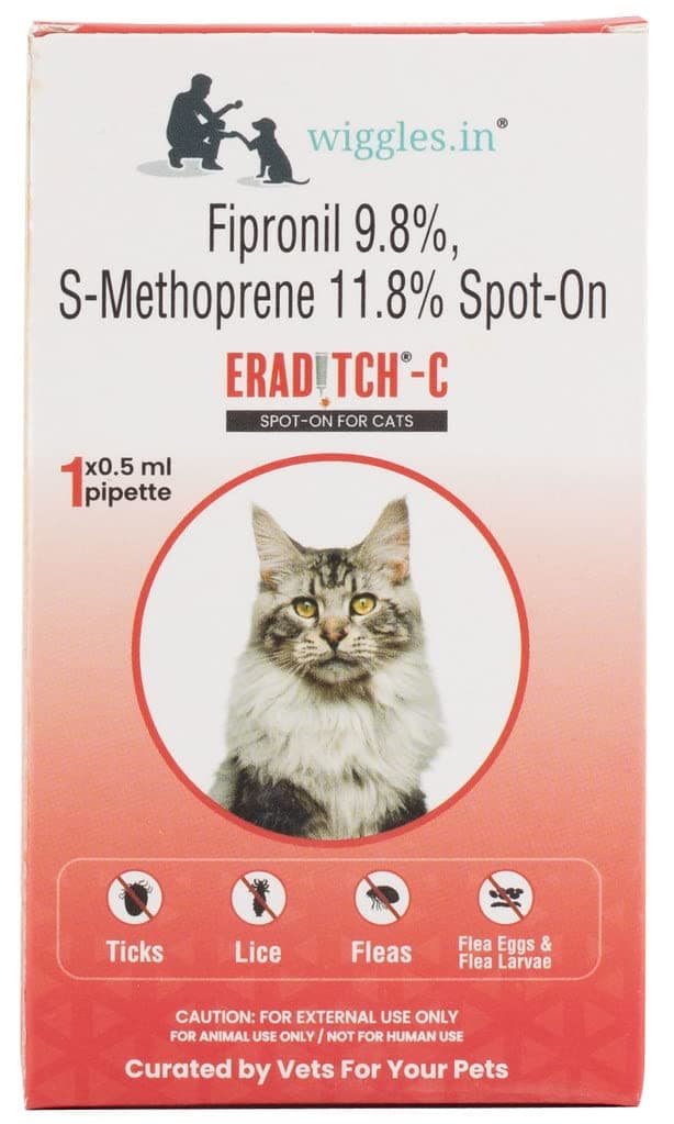 WIGGLES Eraditch Spot on for Cats Fleas Ticks Remover Treatment Drops, 0.5ml - Lice Prevention Heartworm Control Medicine Adult Medium Cats (Over 3 Months)