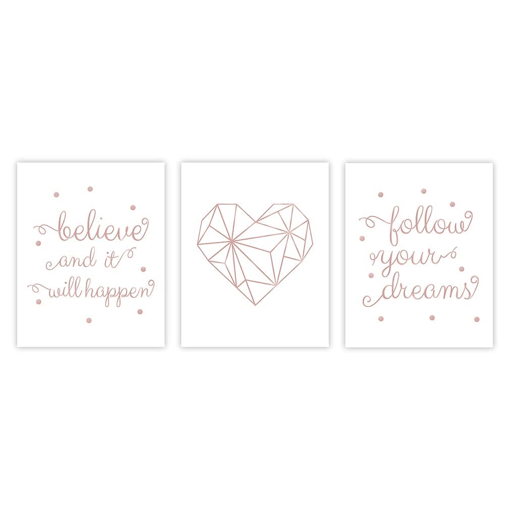 LHIUEM Inspirational Quote Believe Happen Art Print,Follow Your Dreams Positive Saying Wall Decor,Modern Minimalist Love Heart Cardstock Poster For Girl Room Nursery Decor(Set of 3,8”×10”,Unframed)