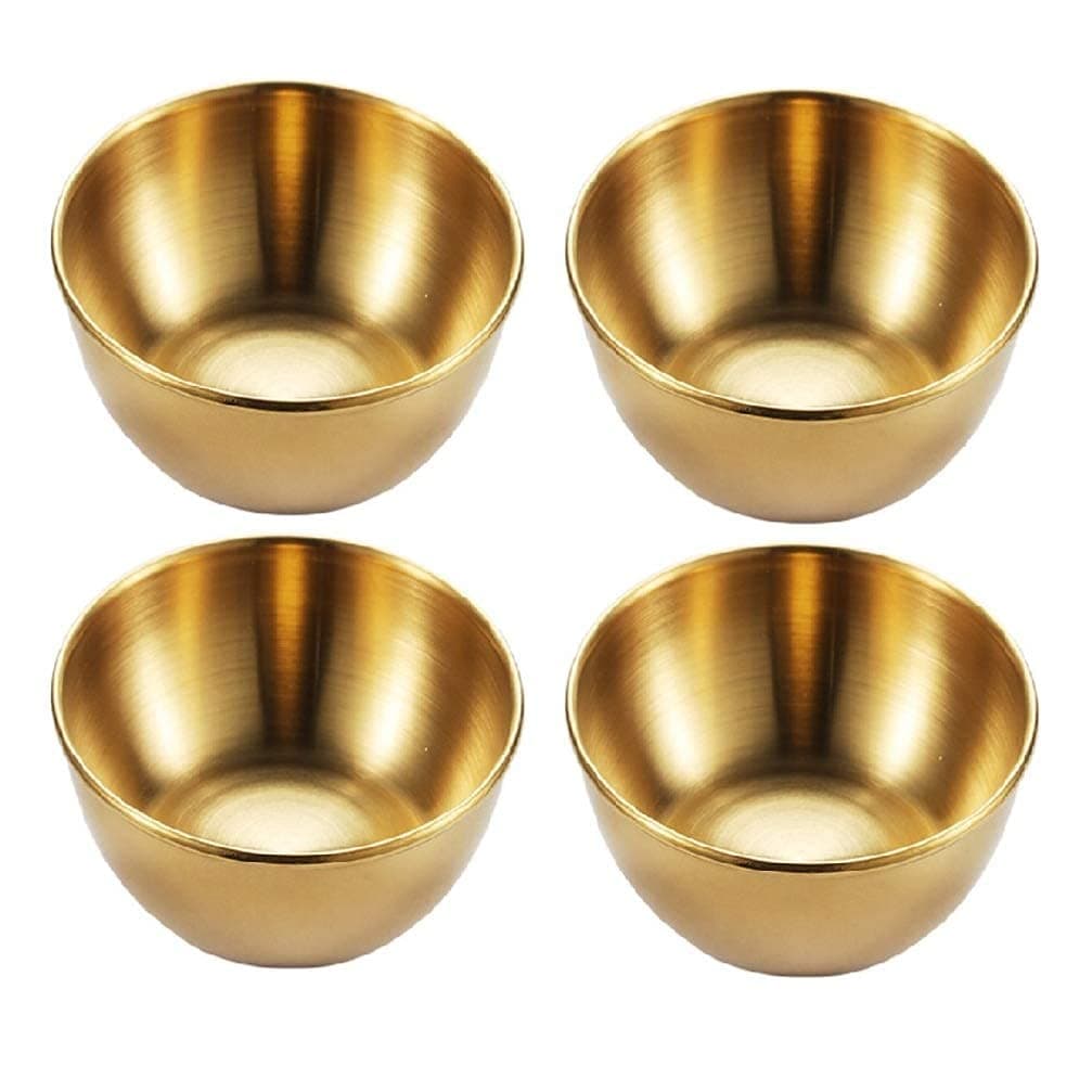 4pcs Stainless Steel Dip Bowls Round Seasoning Dishes Sushi Dipping Bowl Saucers Bowl Mini Appetizer Plates Seasoning Dish Saucer Plates (Gold)