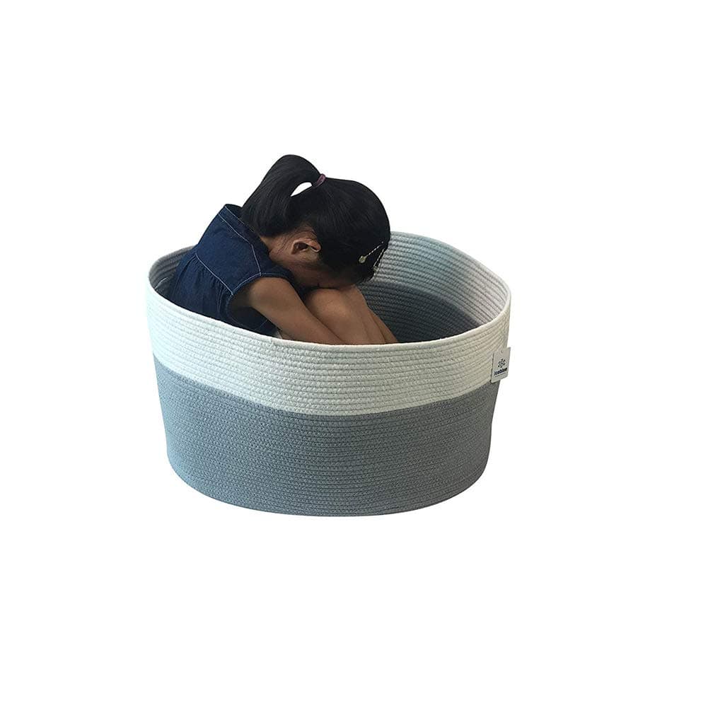 Iceblue Extra Large Rope Blanket Basket Woven Nursery Storage Basket Toys Clothes Hamper Organizer with Build-in Handles (Grey)