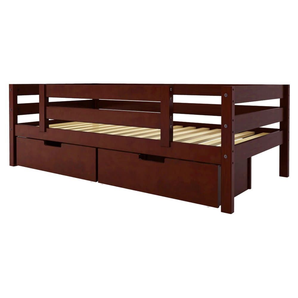 Maxwood Furniture Jackpot Twin Bed with Back and Front Guard Rail and Storage Drawers