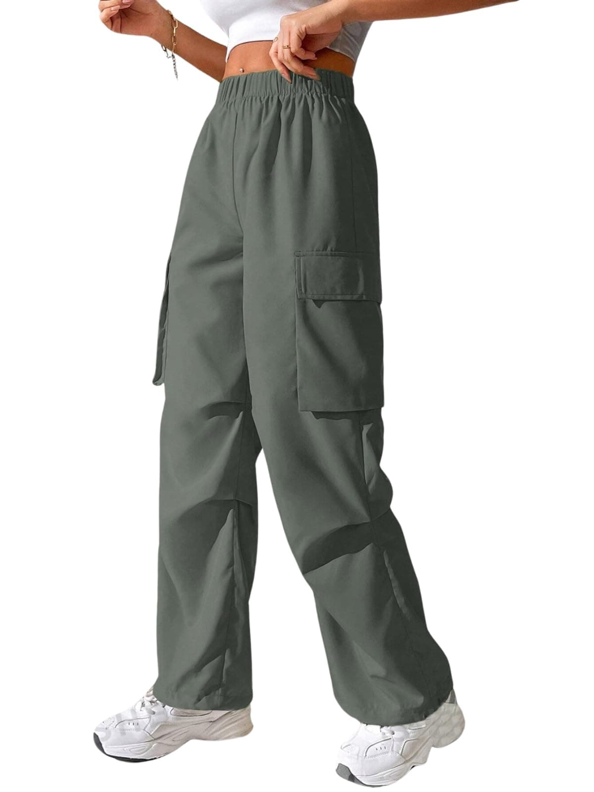 High Waist Cotton Trousers for Women – Flared Parachute Pants with Side Pockets | Casual Travel Cargo Pants