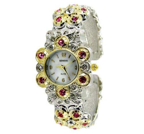 Geneva Women's Floral Accented Rhinestones Cuff Bangle Watch-Two-Tone Pink
