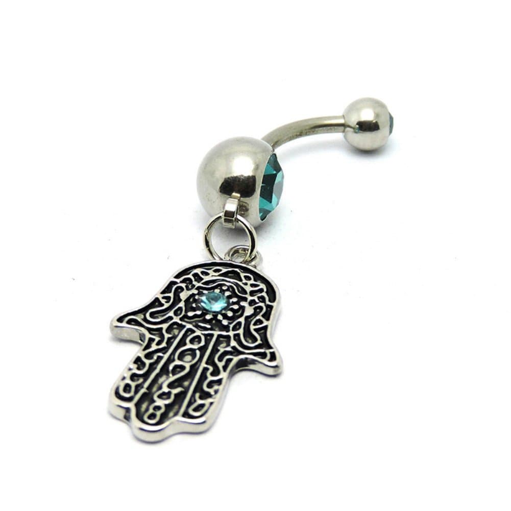 Hamsa Hand 316L Surgical Steel Body Jewelry Rhinestone Button Barbell Belly Navel Ring Bar Piercing