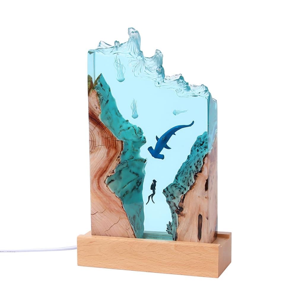 JHNGYJY LED Ocean Night Light With Removable Wooden Base, Adjustable Light Modes, Fish and Diver Lamp, Marine Art Desk Lamp, Epoxy Resin Bedside Lamp for Home Office