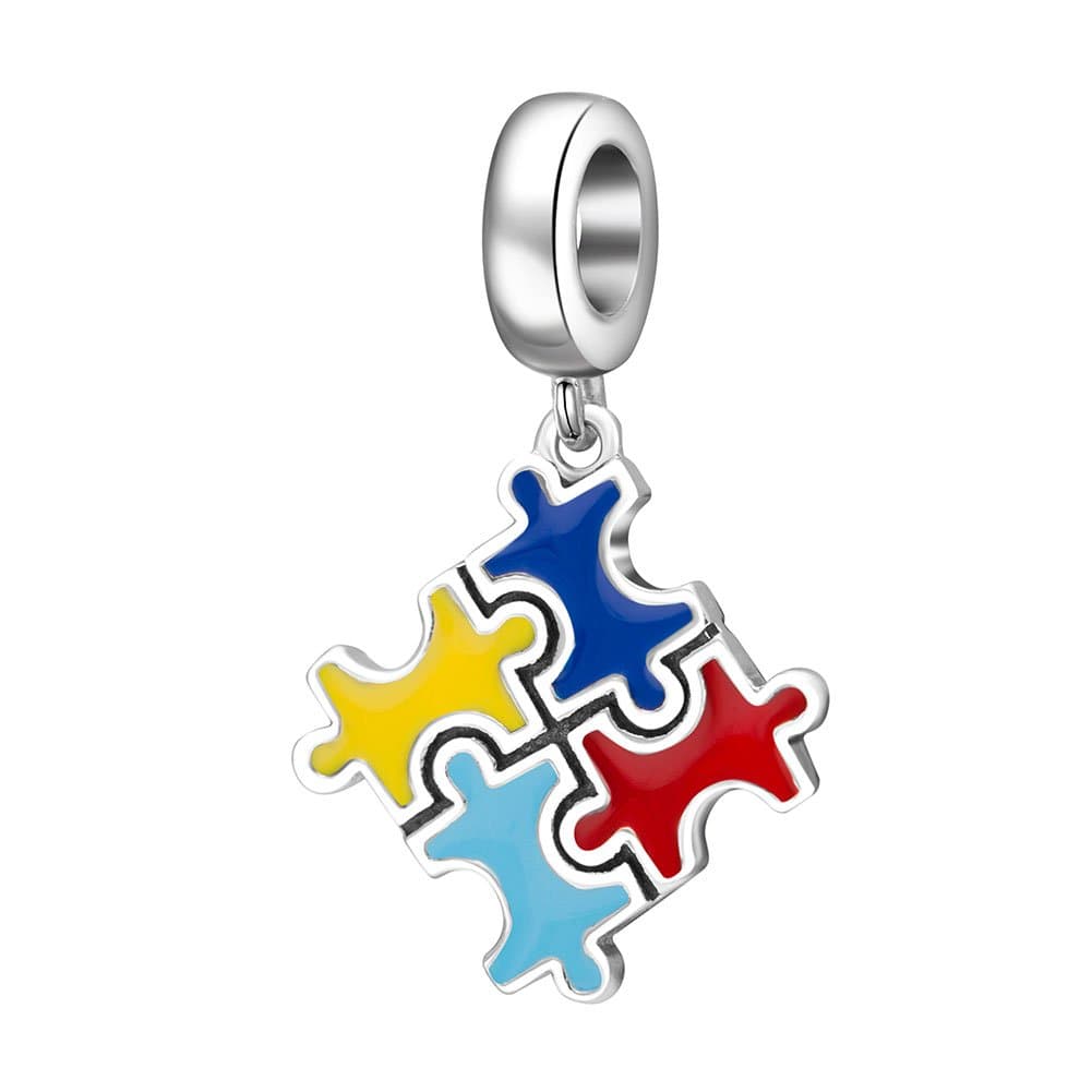 925 Sterling Silver Multicolour Enamel Autism Puzzle Piece Pendant Charm fits Bracelet Necklace Fine Jewelry Set For Women