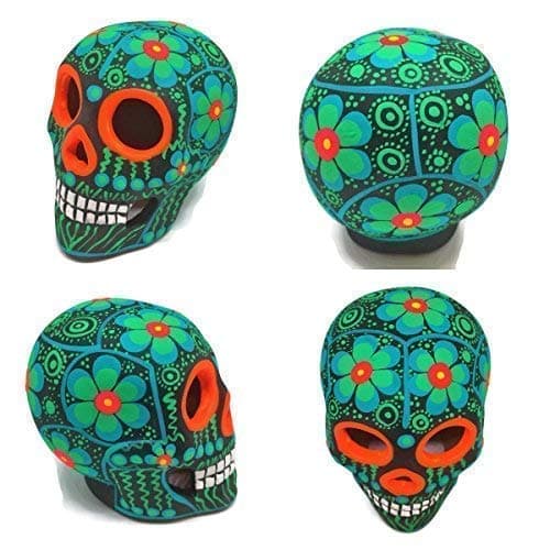 ARTESANO Hand-Painted Mexican Sugar Skull - 3" Dia de Los Muertos Altar Decorations | Day of The Dead Sugar Skulls | Cinco de Mayo Ceramic Calaveras Decor for Home or Office [Green Flower]