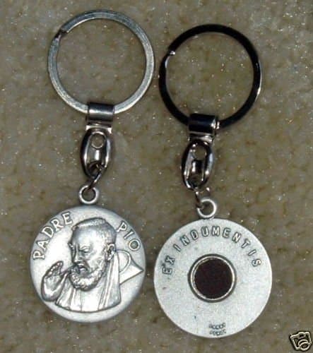 Saint Padre Pio Keychain with 3rd Class Relic, Holy Prayer Card and Velour Bag
