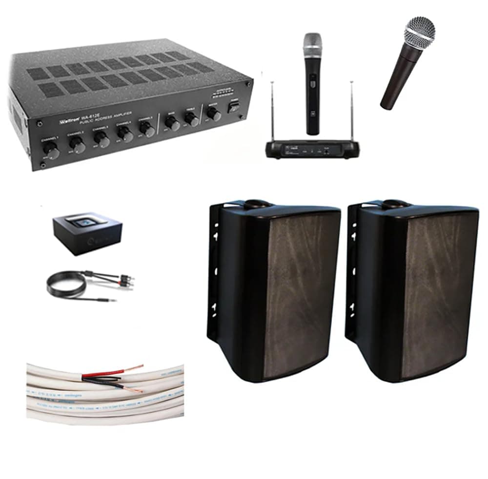 KIT Outdoor PA Sound System, New Larger Amp & 500' Speaker Wire, Baseball Field Stadium Horse Arena Easy Install Speakers (Speakers White or Black- Depends on Inventory) Public Address Sound System