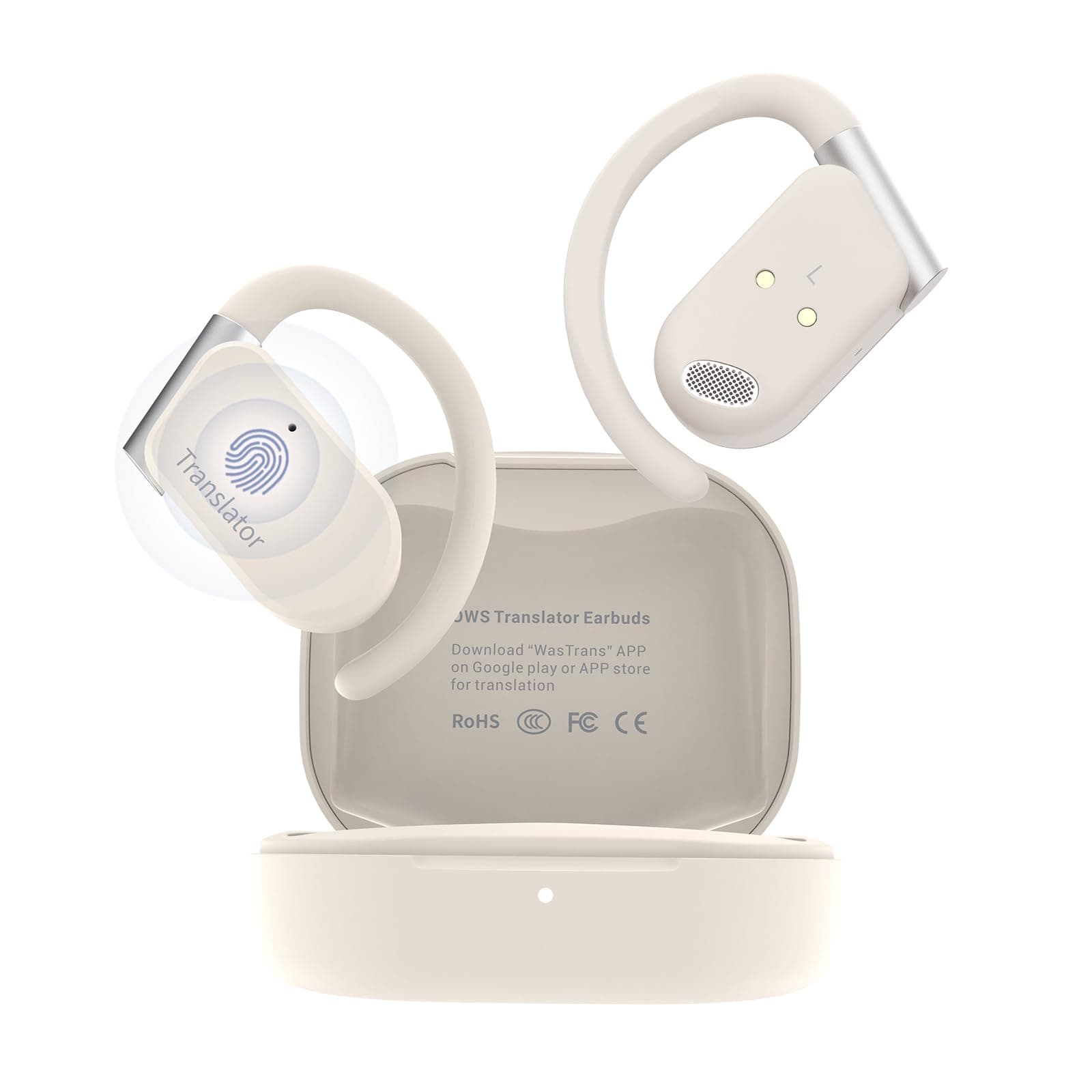 M9 AI Language Translator Earbuds Open-Ear Headphones Support 144 Languages & Accents Translation Earbuds Real Time Translator Device, Snug Fit, Ergonomic Ear Hooks Beige (With Offline Package)