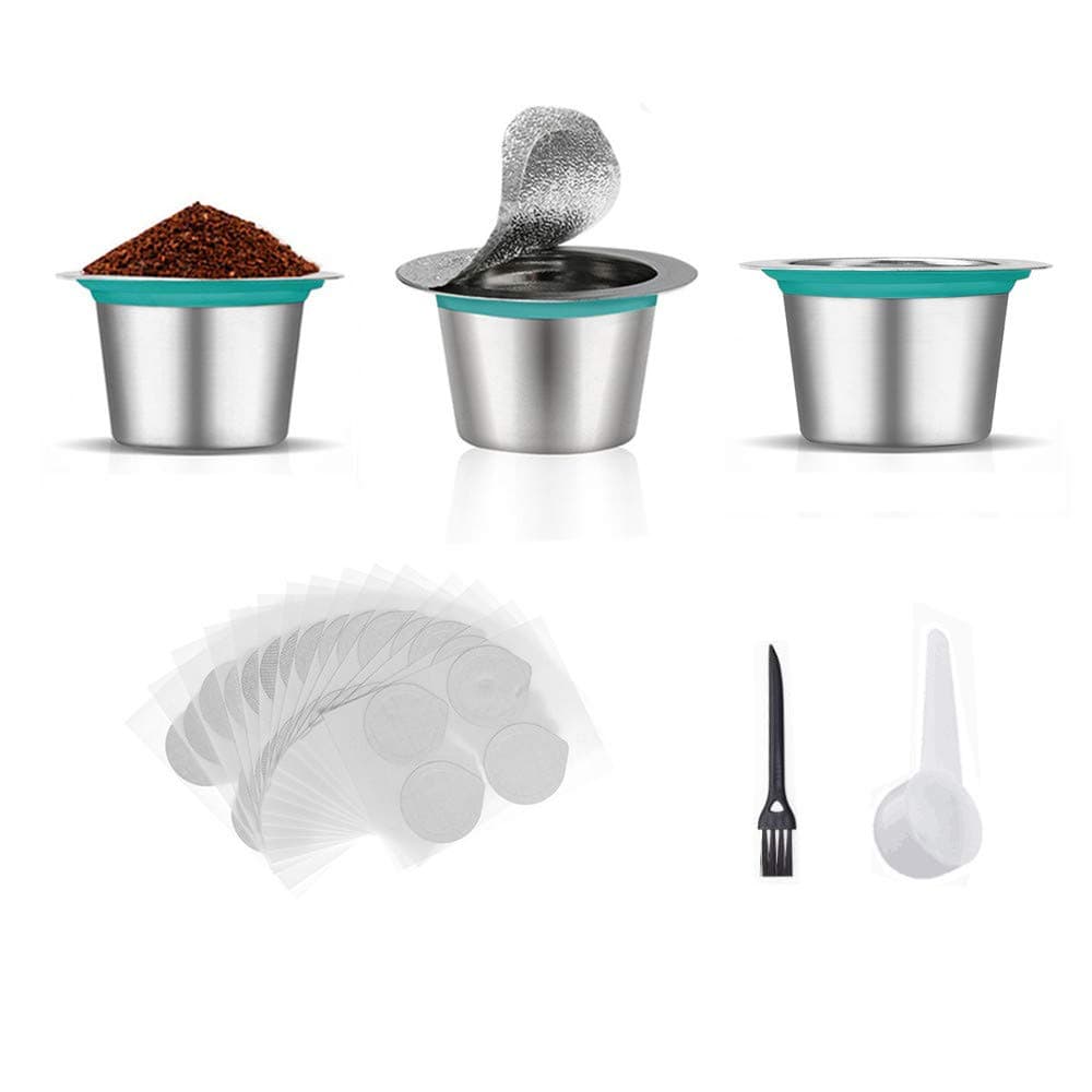 3PCS Stainless Steel Refillable Coffee Capsules Pods and 100PCS Foil Lids, Reusable Coffee Filter Compatible with Nespresso
