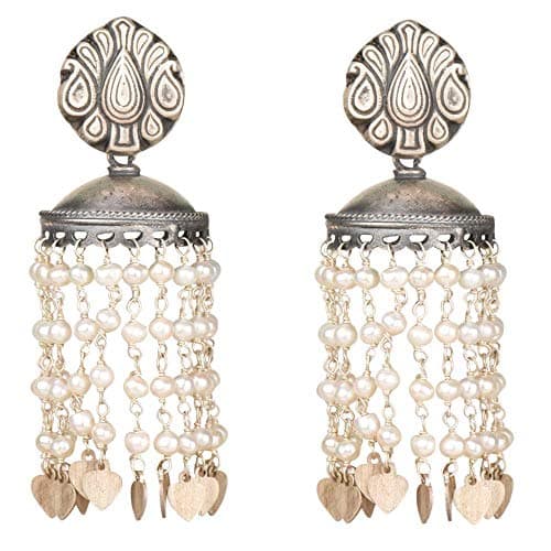 IndianShelf Handmade Vocalforlocal 92.5 Sterling Silver Pearl Tassel Jhumkis Earrings With Engraved Floral Stud (7.11 cm, Silver & White)
