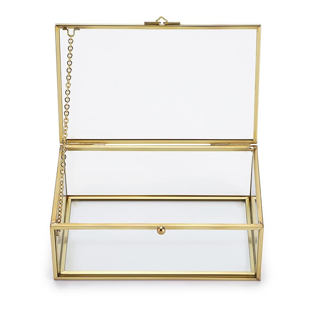 SUMNACON Golden Vintage Glass Lidded Box Rectangle Jewelry Rings Bracelet Display Organizer Personalized Clear Glass Box Golden Organizer Home Decor (Small)