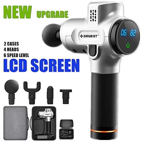 homtuzan Deep Muscle Massage Gun Fascia Gun - 4 Replaceable Heads 6 Speed Levels and LCD Muscle Stimulation Pain Relief Percussion Therapy Portable Large Capacity Power Noise Reduction (Silver)