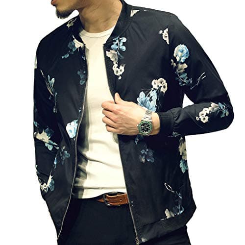 Mens Casual Lightweight Jacket Stylish Fashion Printed Pattern Slim Fit Bomber Jacket Varsity Coat with Zipper