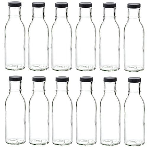 Nakpunar 12 pcs 12 oz 250 ml Wide Mouth Empty Glass Bottles with Black Plastic Lids for Oil, Sauces, Milk, Water, Beverages (12, Black Plastic)