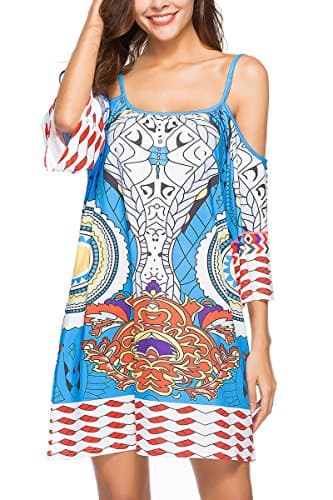 Anatoky Womens Cold Shoulder Spaghetti Strap Tribal Printed Summer Shift Dress