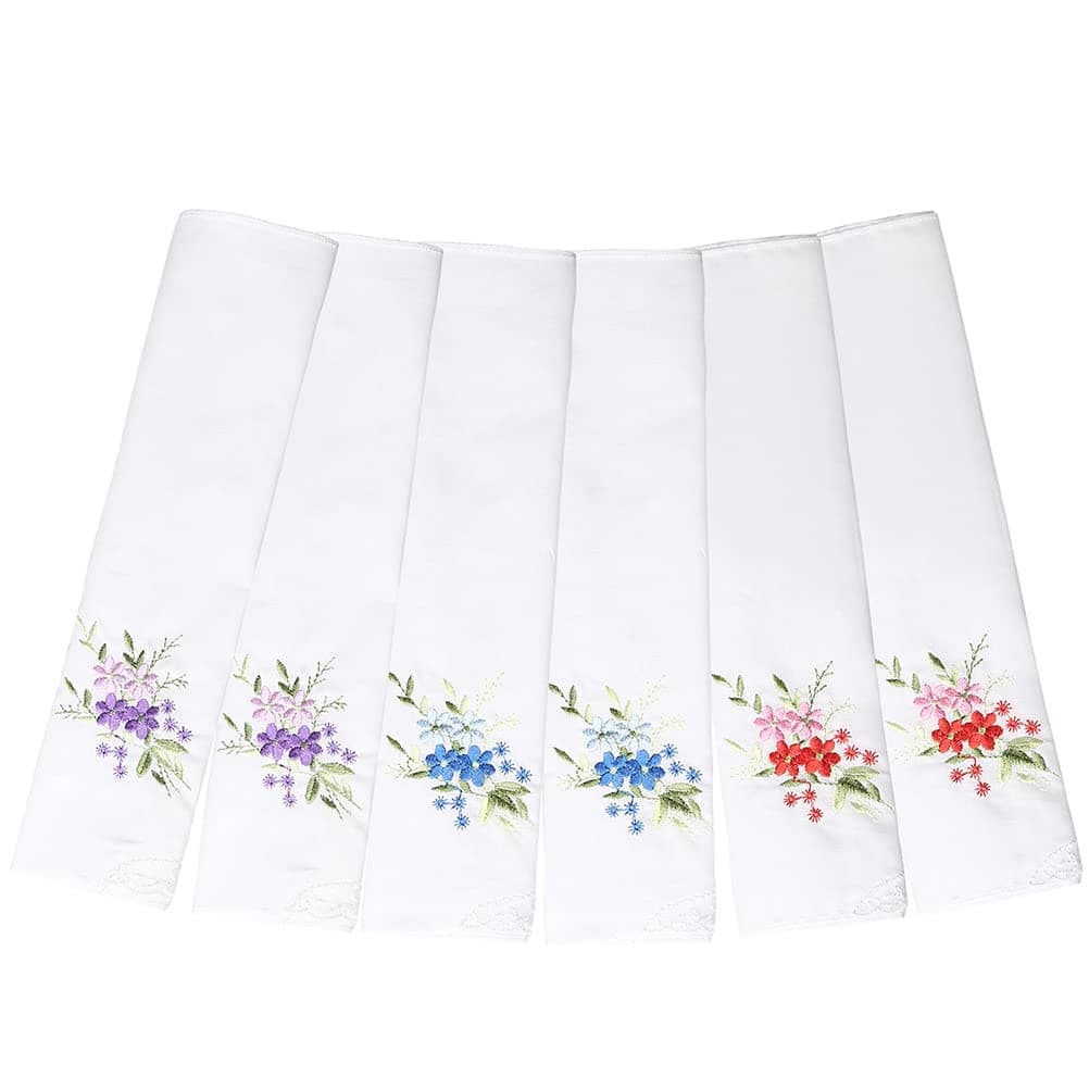 6 Pieces Women's Handkerchief, 100% Cotton 27X27cm Floral Embroidery Lace Ladies Handkerchiefs