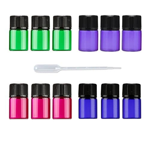 Furnido 1/4 dram 1ml Small Mixed colors Glass Sample Vials Bottle with orifice reducer black cap for aromatherapy Perfume essential oils Vials,Pack of 30-2ml Plastic Transfer Pipette included