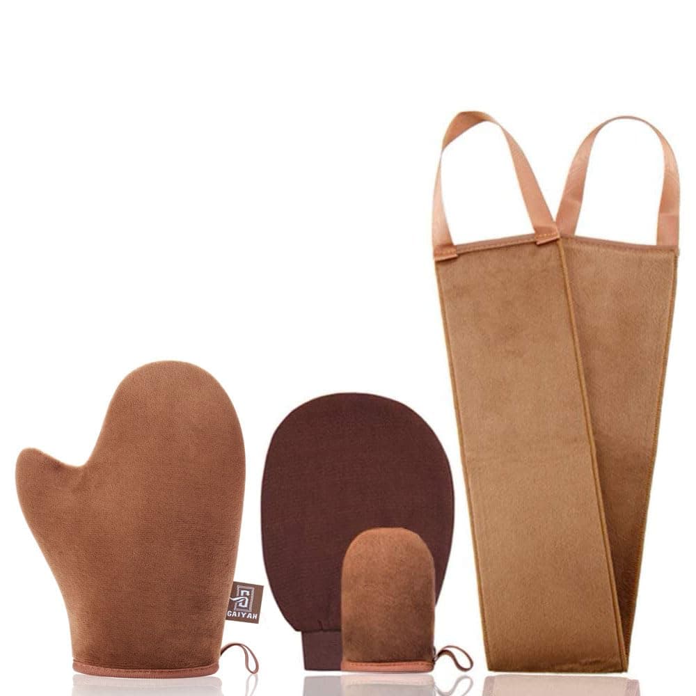 GAIYAH Self Tanning Mitt Applicator Kit, Self Tanner Mitt Set Includes Self Tanner Back Applicator, Exfoliator Glove and Finger Face Tanning Glove