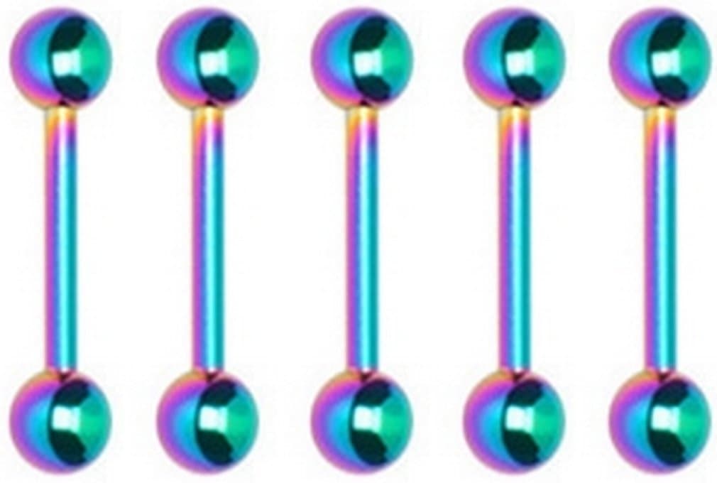 Thenice 5 Pcs 1.6mm 14g Multicolor Barbell Tongue Ring Earrings Ear Studs Length 10mm