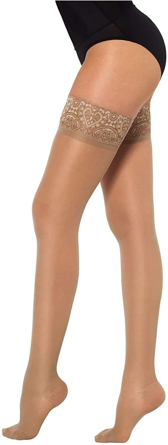 Sheer Thigh High Compression Stockings for Women 15–20 mmHg – Medical Support Hose / Medias De Compresión Para Mujer – Closed Toe Lace Silicone Band Best for Varicose Veins Maternity Travel