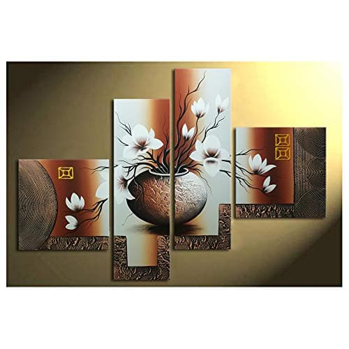 Wieco Art 4-Piece Elegant Flowers Stretched and Framed Hand-Painted Modern Canvas Wall Art