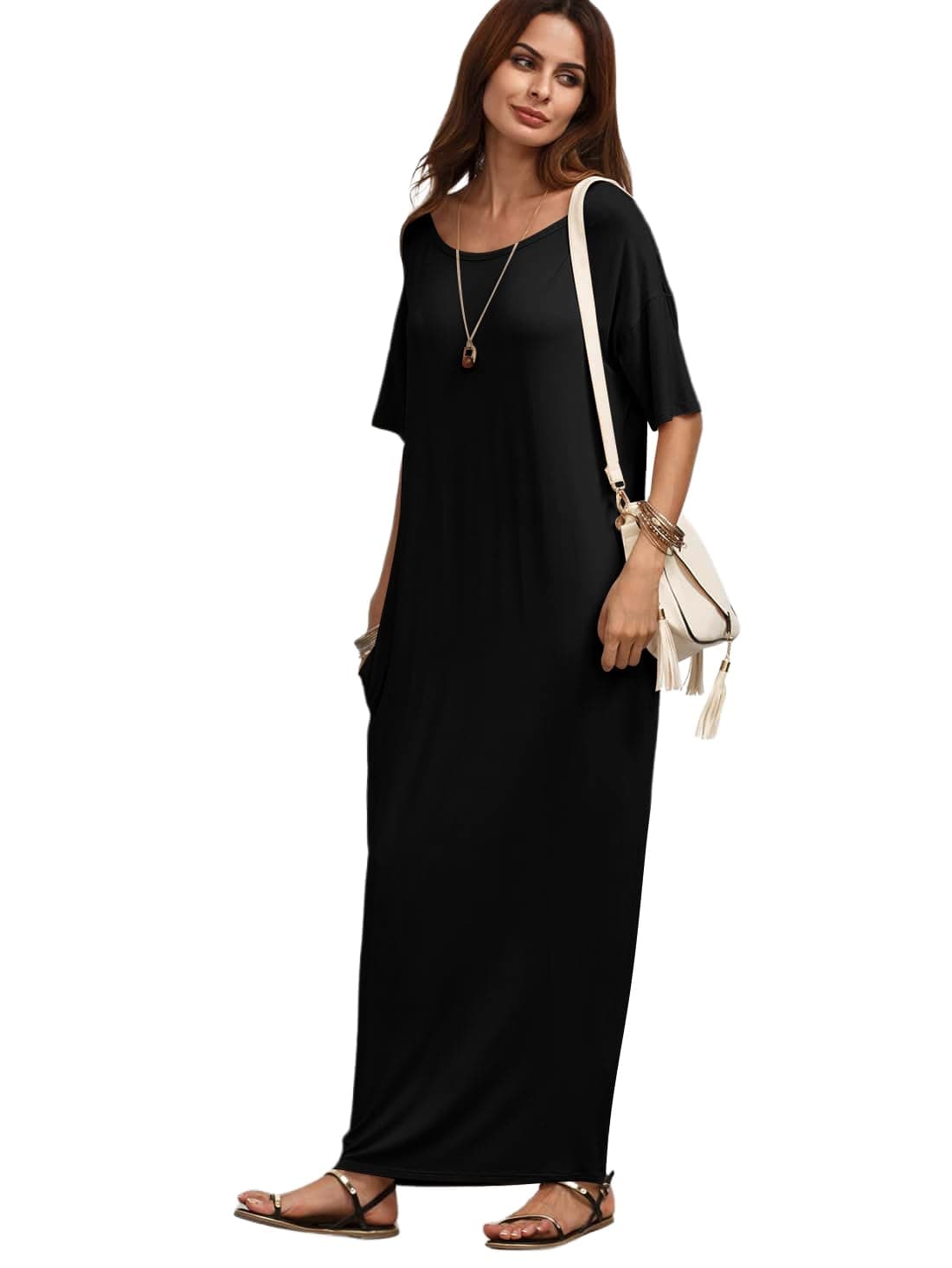 Women's Short Sleeve Loose Long Maxi Lounge Dress with Pockets
