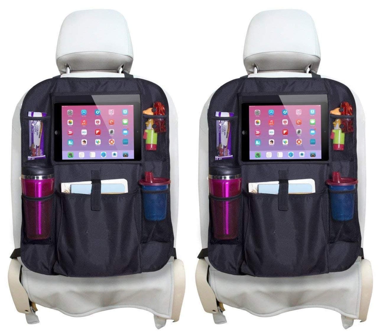 Akeekah Back Seat Car Organiser (2pcs) with 10.1" iPad/Tablet Holder | Car Seat Protector and Kick Mat with Multi-use Pockets for Bottles, Toys, Snacks etc - Essential Universal Fit Travel Accessory.
