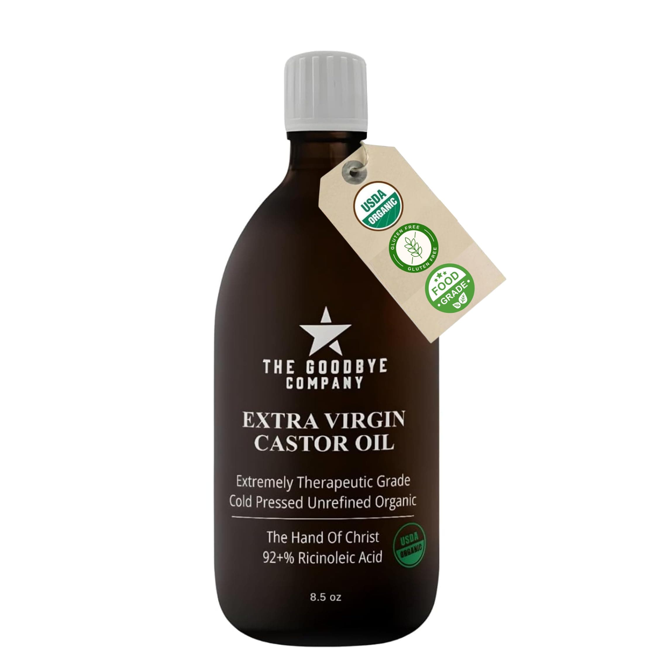 Goodbye Company USDA Organic Food Grade Cold-Pressed Castor Oil - 8.5 oz Glass Bottle, Hexane-Free, Extra Virgin, Small Batch Family Farm Ethically Sourced for Hair Growth, Digestion, Lashes, Brows