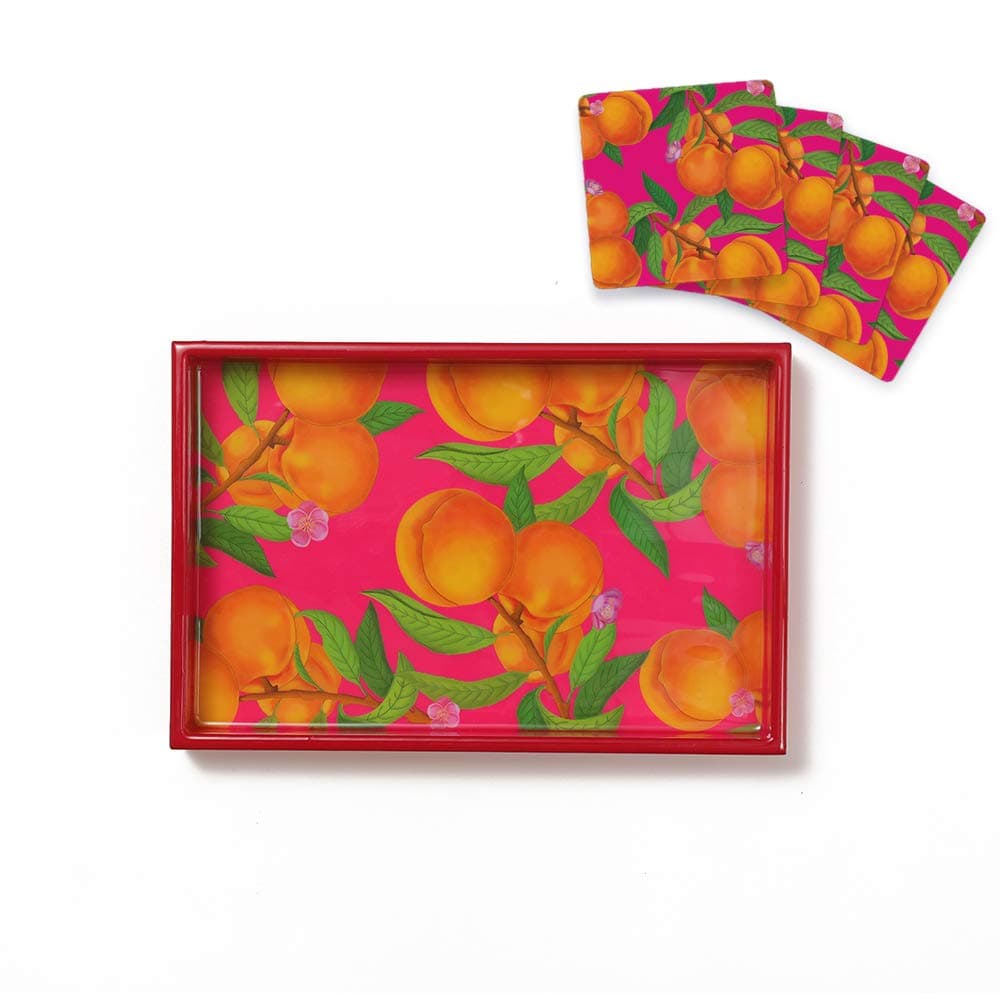 Peach Tray and Coaster Set | Long Lasting MDF Wood | Water Resistant Glossy Enamel Finish | Tray Size - 30 x 20 cm | Coaster Size - 10 x 10 cm | Home Decor Gifts