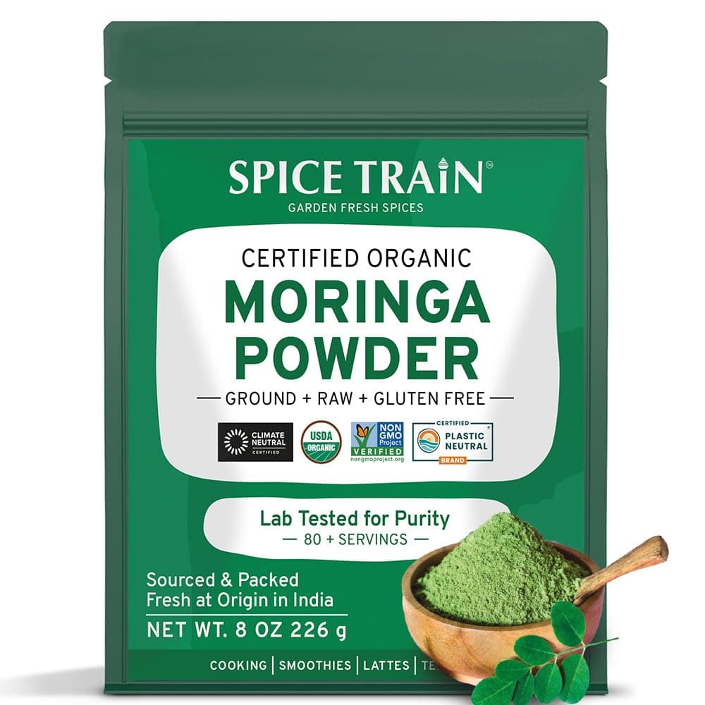 SPICE TRAIN, Organic Moringa Powder (226g/8oz) USDA Organic Moringa Oleifera Leaf Powder | Gluten-Free & Vegan | Perfect for Smoothies, Drinks, Tea & Recipes | Packed in Resealable Zip Lock Pouch