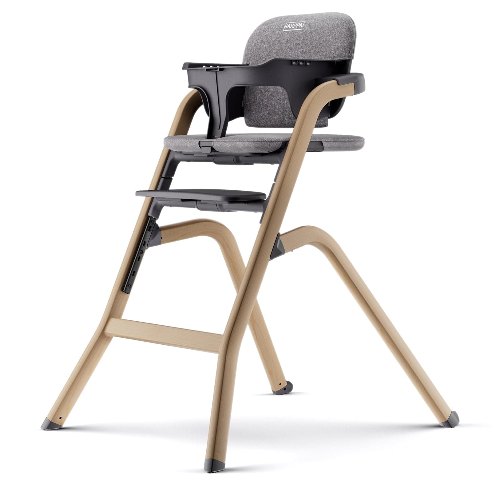 HARPPA カスピオ ハイチェア ベビーハイチェア 取り外し可能なトレイとクッション付き 6段階調節可能なシート&フットレスト オールインワンハイチェア 赤ちゃん&幼児用 ダイニングチェア 木目グレー