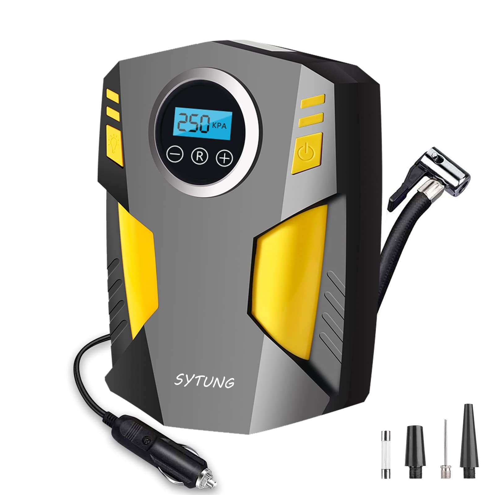 Digital Tyre Inflator, Portable Air Compressor Car Tyre Pump with 3 Nozzle Adaptors and Digital LED Light, 12V Rapid Tyre Inflator Air Compressor for Car Tires and Other Inflatables