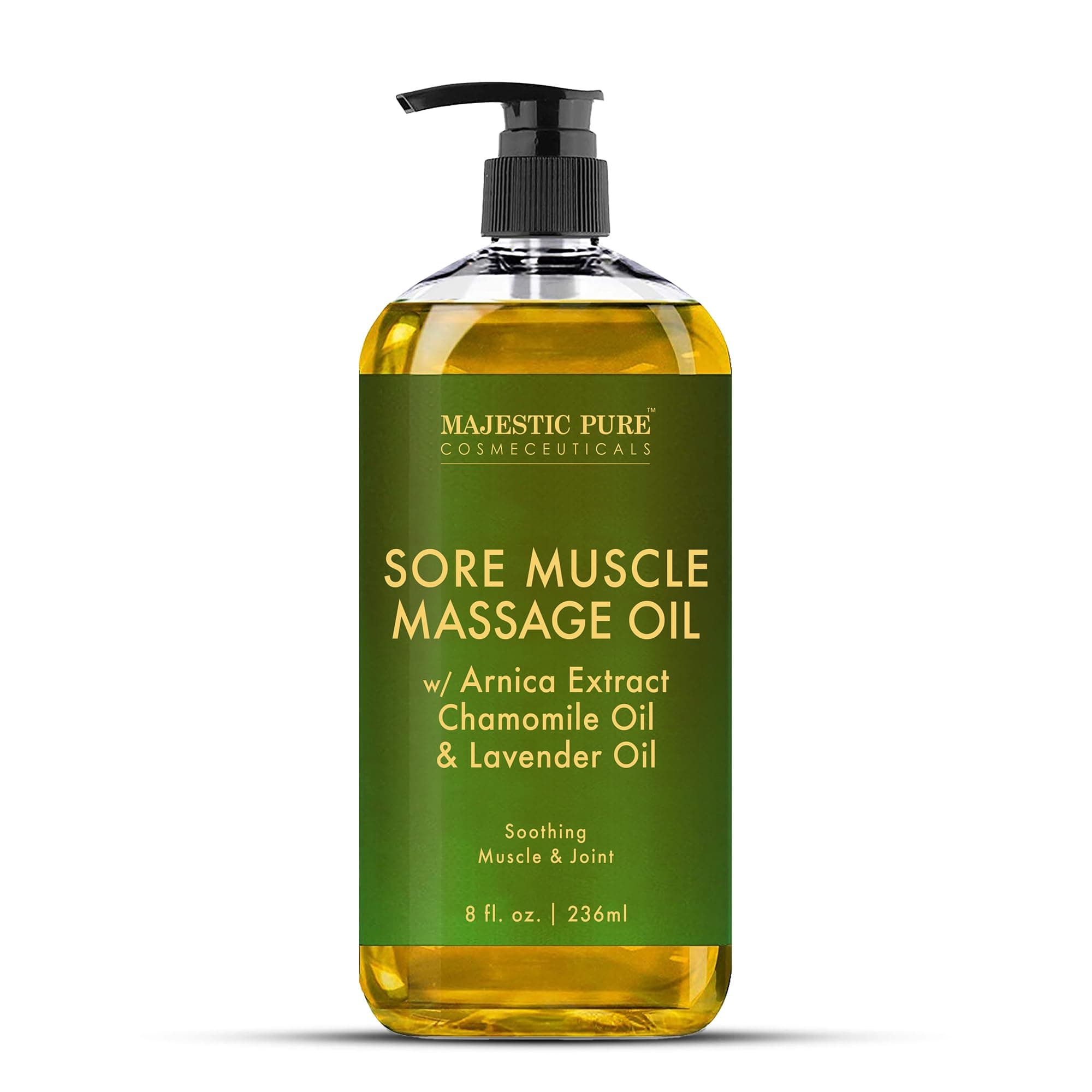 Majestic Pure Arnica Sore Muscle Massage Oil 236 ml - with Lavender & Chamomile Essential Oils, Fast-Absorbing Full Body Massage Oil, for Men & Women