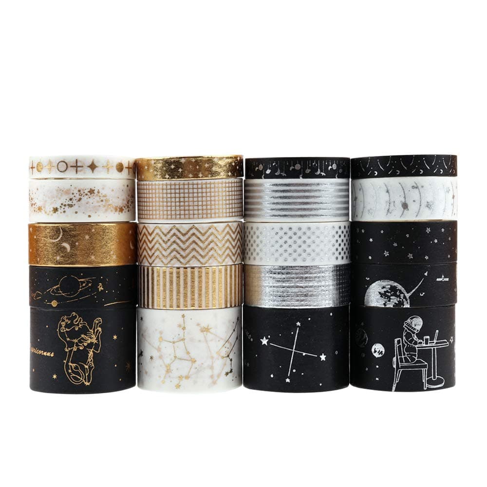Dizdkizd 20 Rolls Washi Tape Set, Universe Design Masking Tapes with 3 Sizes 8mm/15mm/30mm, Hot Stamping Decorative Washi Tapes for DIY Craft, Planners, Scrapbooking