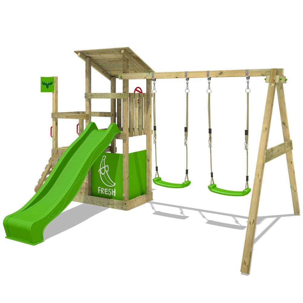 FATMOOSE Wooden climbing frame FruityForest Fun XXL with swing set & apple green slide, Outdoor kids playhouse with sandpit, climbing ladder & play-accessories for the garden