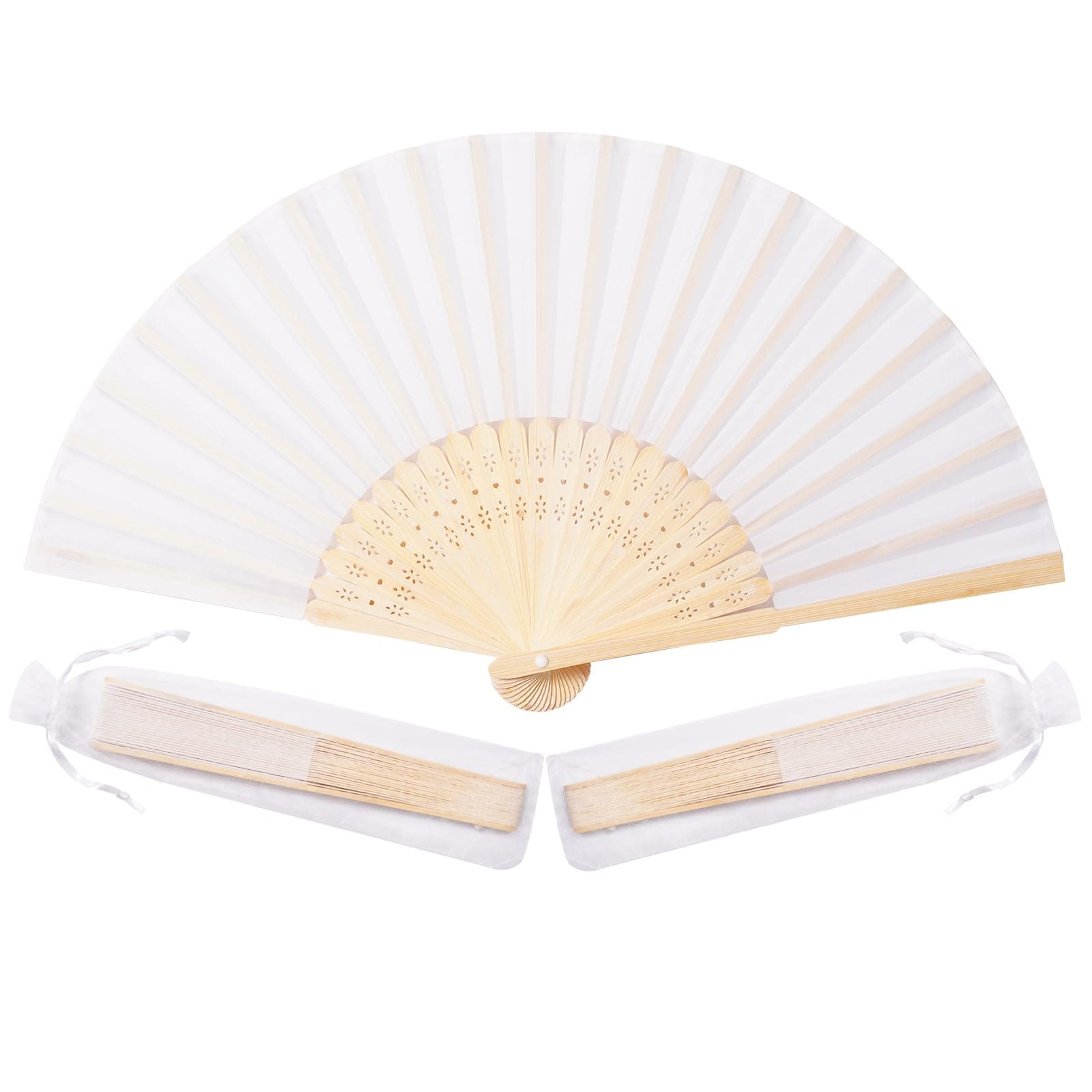Sepwedd 50pcs White Imitated Silk Fabric Bamboo Folded Hand Fan Bridal Dancing Props Church Wedding party favors with Organza Bags