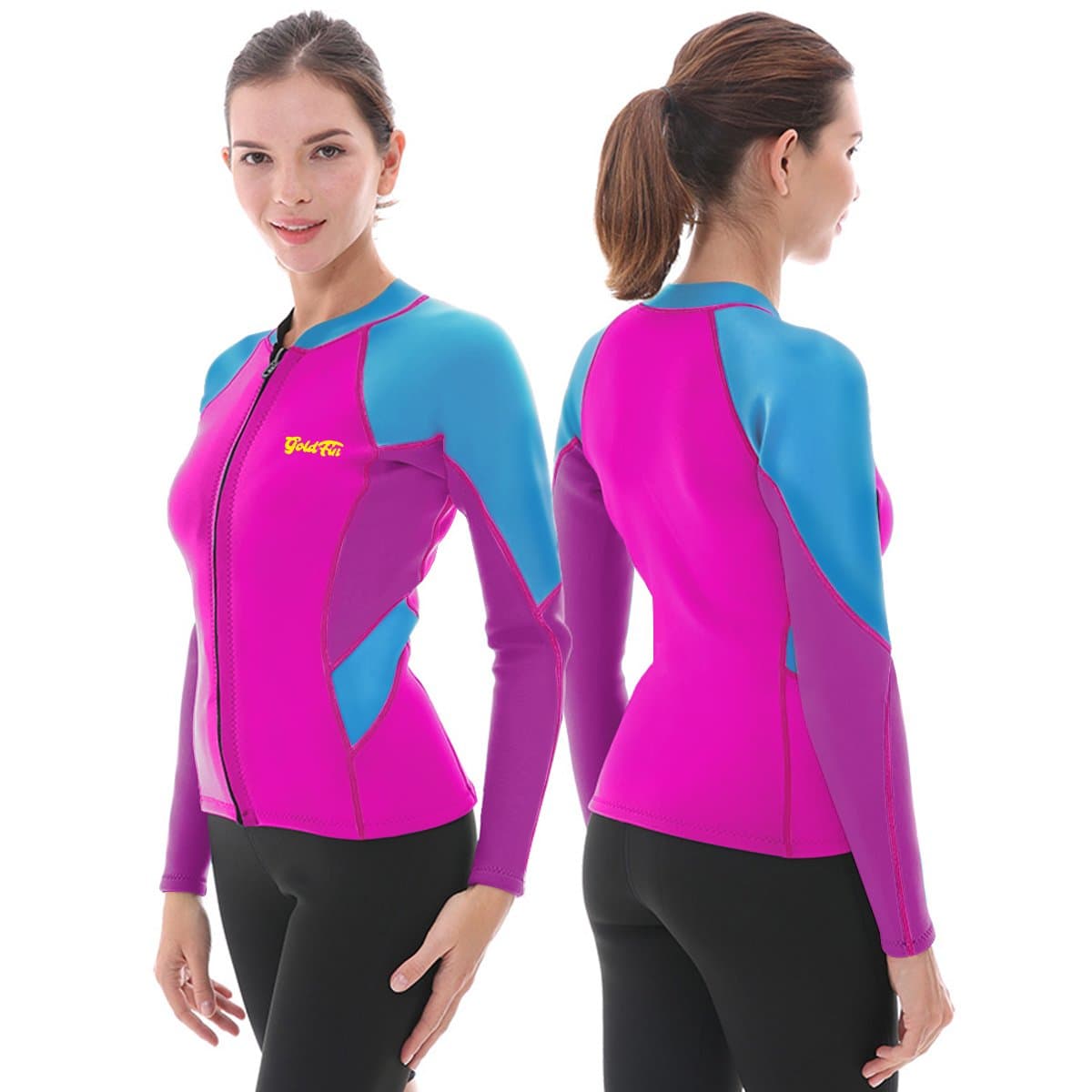 GoldFin Wetsuit Tops for Women, Plus Size Wetsuit Jacket 2mm Neoprene Long Sleeve Front Zip Wetsuit Shirt for Water Aerobics Diving Surfing (Fuchsia, 4XL)