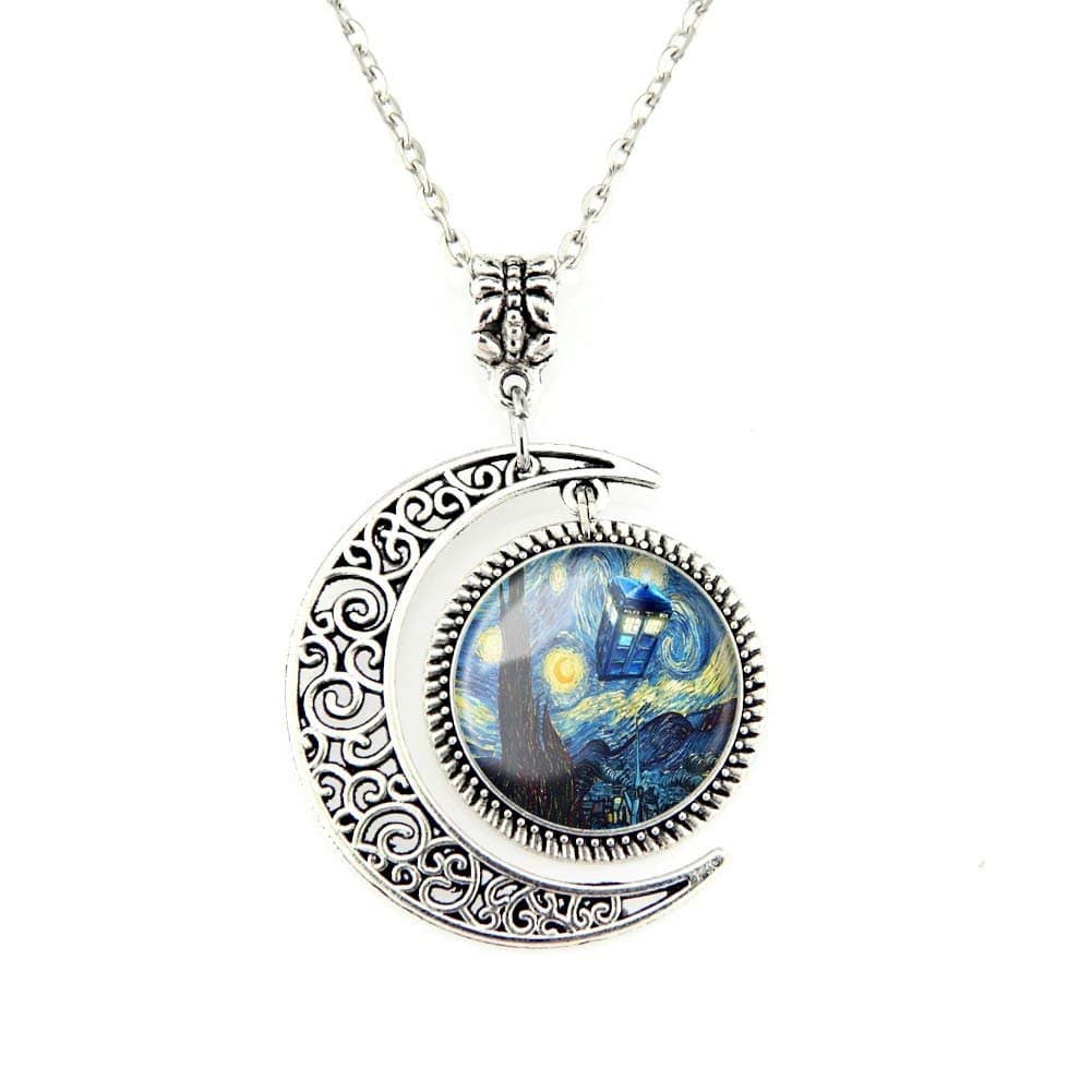 CrimyyMoon Pendant Tardis Doctor Who Starry Night Necklace Van Gogh Jewelry Personalized Necklaces Gift