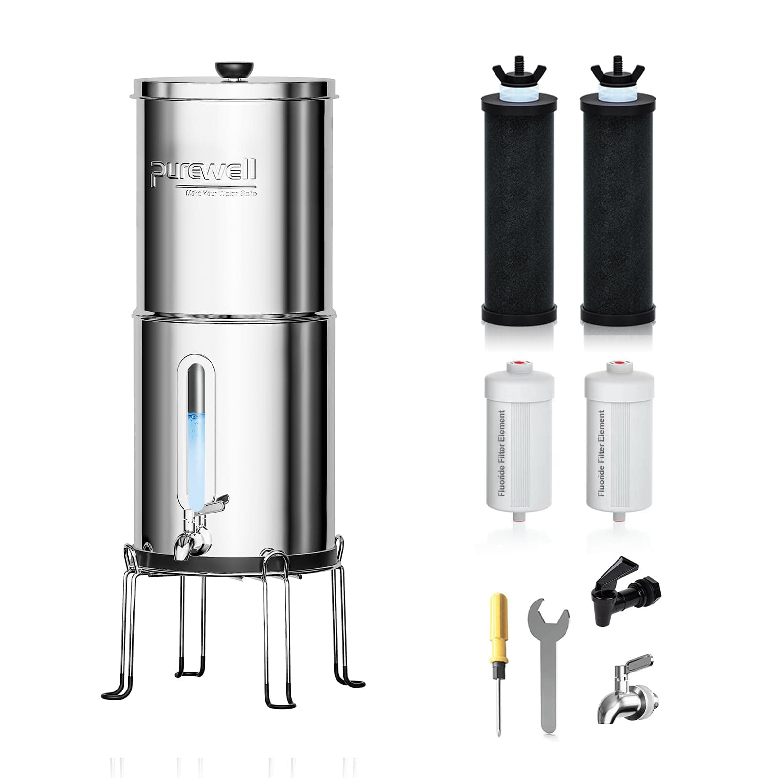 1.5G Gravity Water Filter System with Water Level Window, 8-Stage 0.01μm Ultra-Filtration Stainless Steel Countertop System with 4 Filters and Stand, Reduce Fluoride and Chlorine, PW-MKS-CF