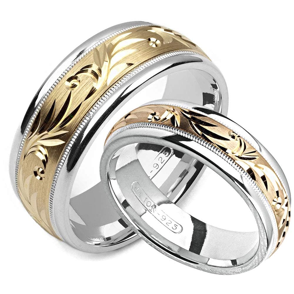 two-tone sterling silver & 10K yellow gold 6 millimeters & 8 millimeters wide wedding band set him and her