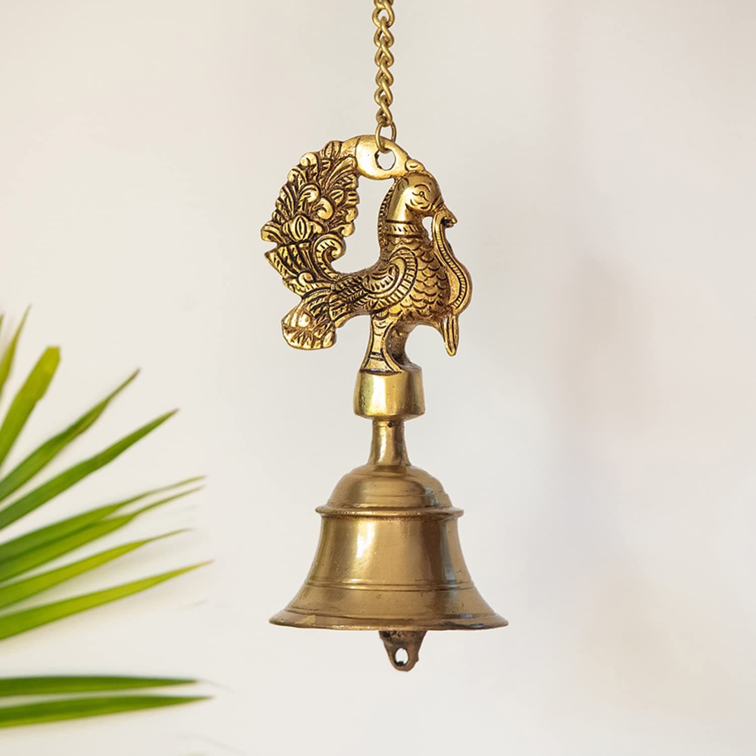 ExclusiveLane 'Elegant Peacock' Brass Hand-Etched Decorative Hanging Bells for Home Decoration Pooja Room Mandir (3.7 x 3.7 x 7.7 Inch, 1.1 Kg)