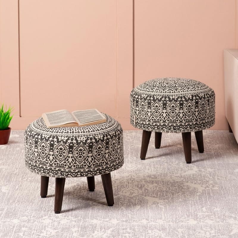 - nestroots Set of 2 Wooden Ottoman Stools for Living Room | Printed Pouffes for Sitting, Foot Rest with 4 Wooden Legs | 14 Inch Height, Grey | Stylish & Comfortable Furniture for Home Décor