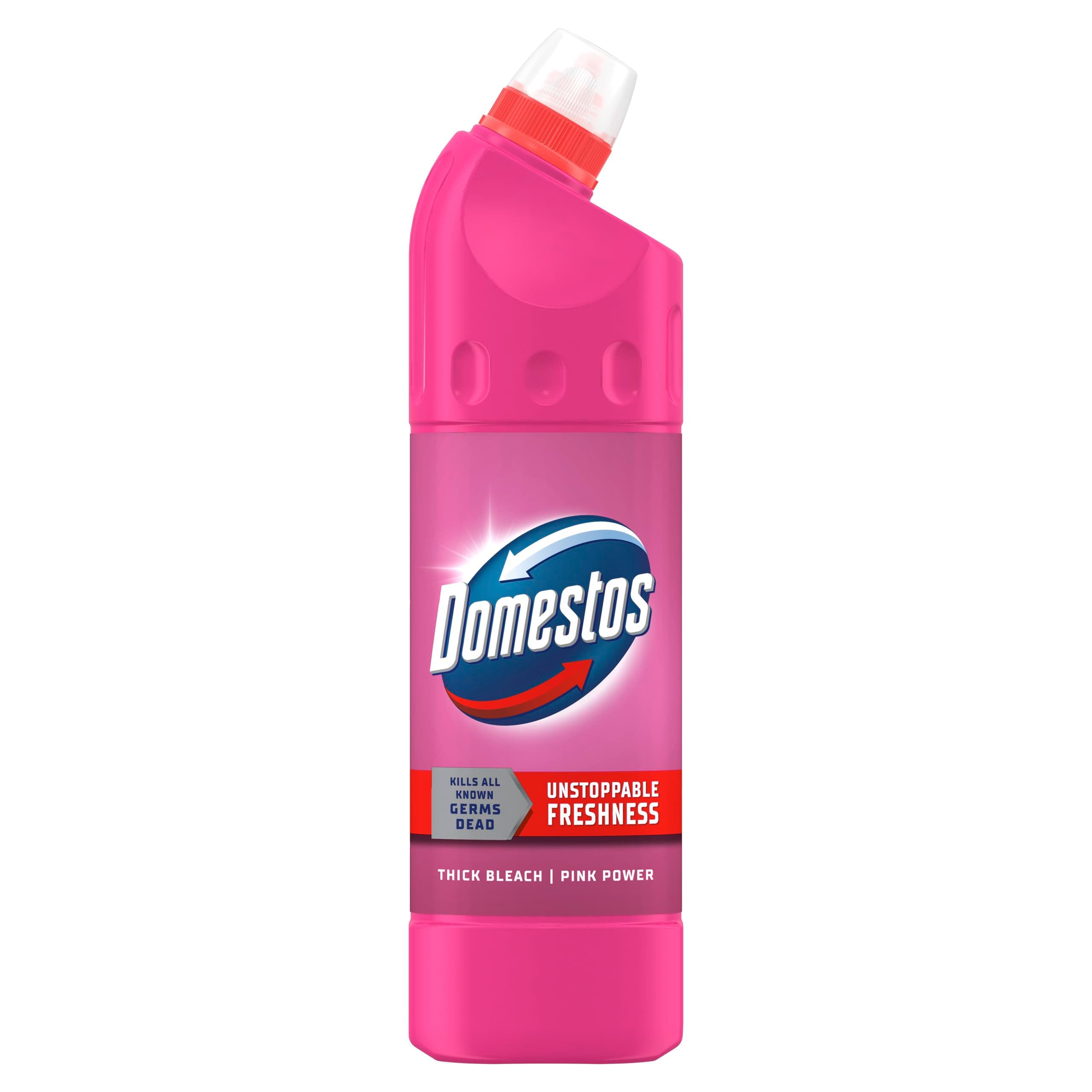Domestos Pink Power Thick Bleach disinfectant that eliminates 99.99% of bacteria and viruses* unstoppable freshness 750 ml